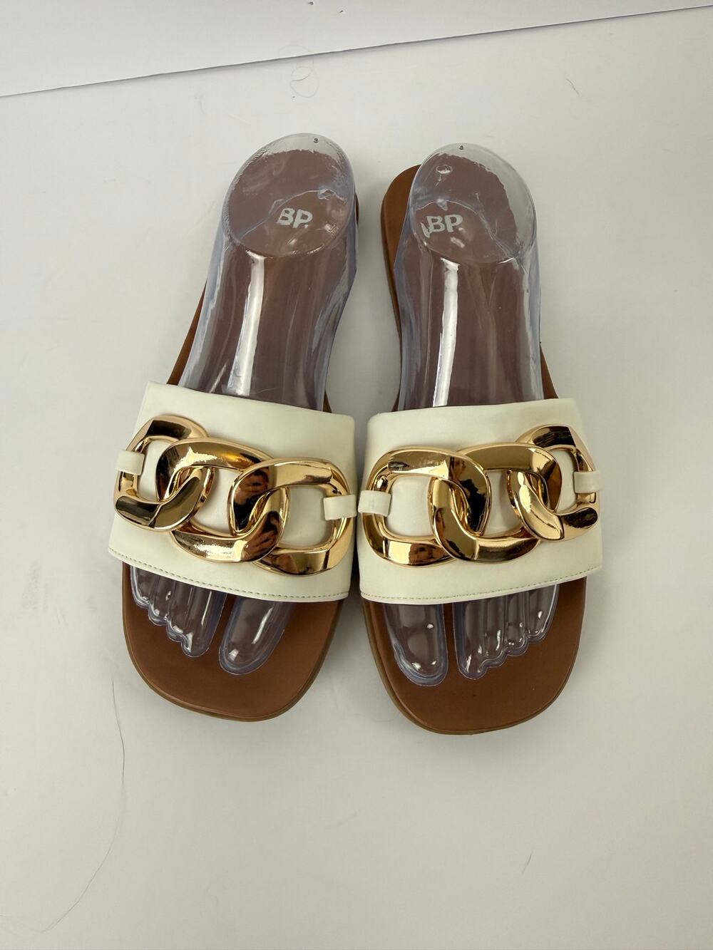 BP Nordstrom NWOT Serafina White and Gold Chain Link Slide Sandal Faux Leather